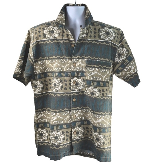 VTG Bugle Boy 80's 90's Camo Hawaiian Camp Shirt Sz XL Button Down Short Sleeve - Picture 1 of 8